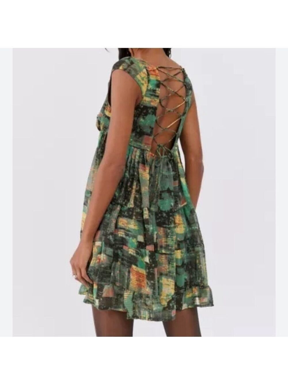 Urban outfitters Justine Green Patterned Dress with Lace-Up Back size small